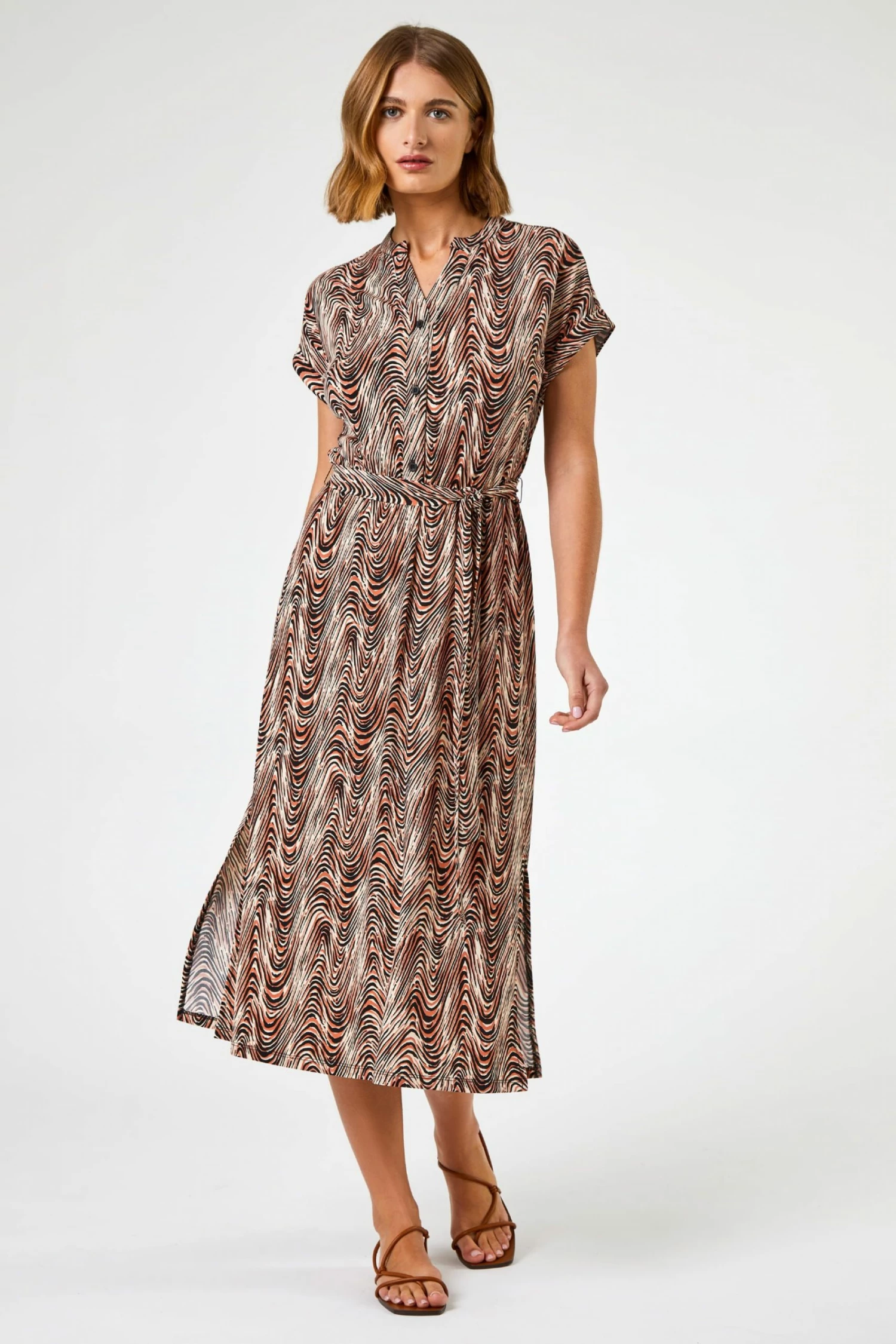 Roman Neutral Wave Print Belted Shirt Dress 5 Roman Neutral Wave Print Belted Shirt Dress - Image 3