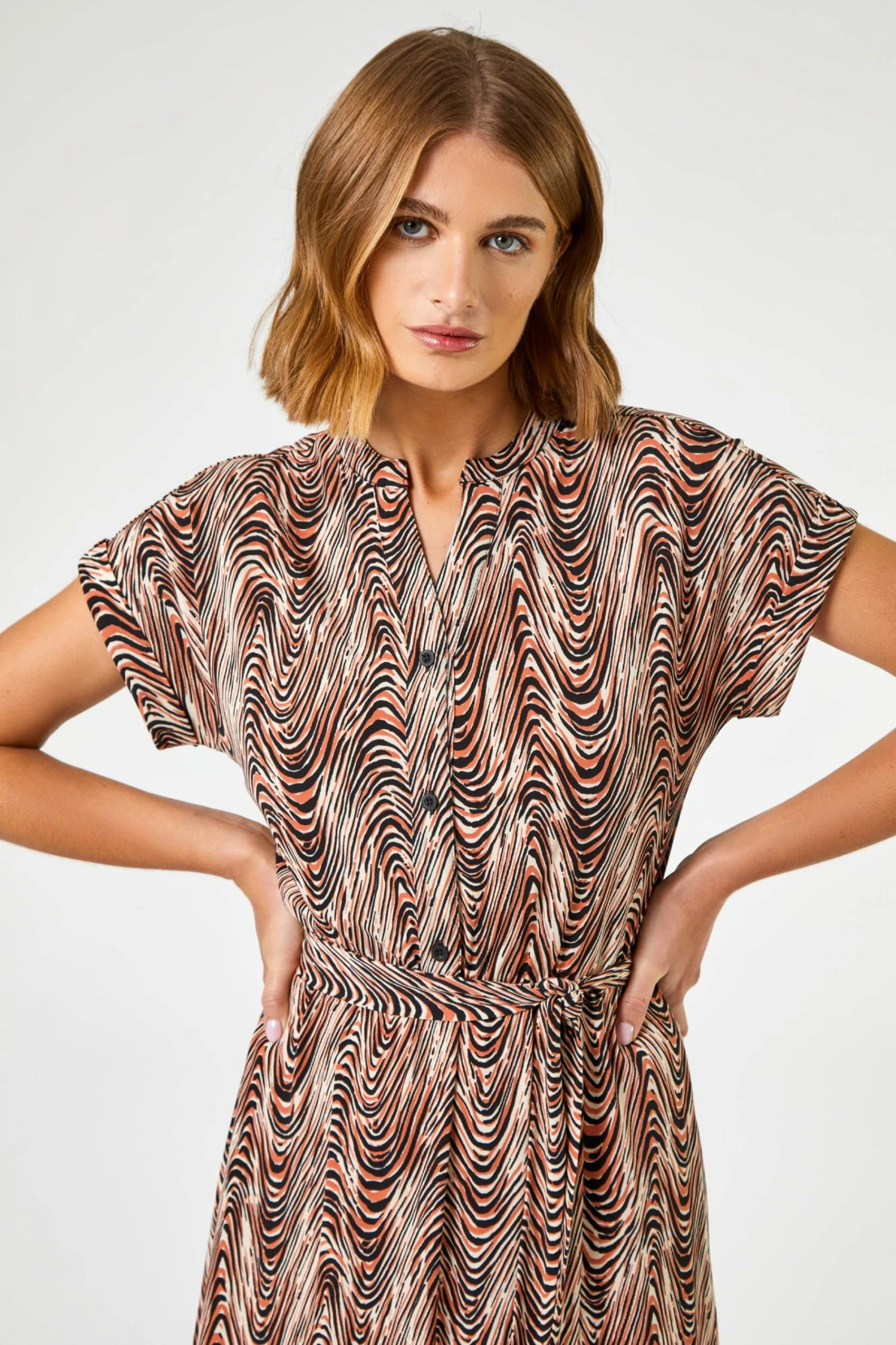 Roman Neutral Wave Print Belted Shirt Dress 6 Roman Neutral Wave Print Belted Shirt Dress - Image 4