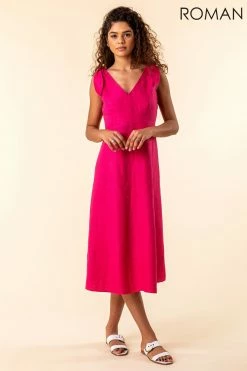 Roman Pink Tie Shoulder Detail Midi Dress