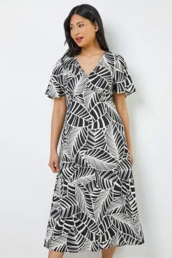 Roman Black & White Petite Leaf Print Flute Sleeve Dress