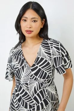 Roman Black & White Petite Leaf Print Flute Sleeve Dress 10 Roman Black & White Petite Leaf Print Flute Sleeve Dress -Roman Sales Shop unnamed file 3850