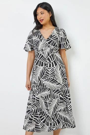 Roman Black & White Petite Leaf Print Flute Sleeve Dress 7 Roman Black & White Petite Leaf Print Flute Sleeve Dress - Image 5