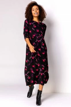 Roman Black Floral Print Long Sleeve Midi Dress -Roman Sales Shop unnamed file 3854