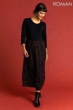 Roman Orange Star Print Contrast Midi Dress