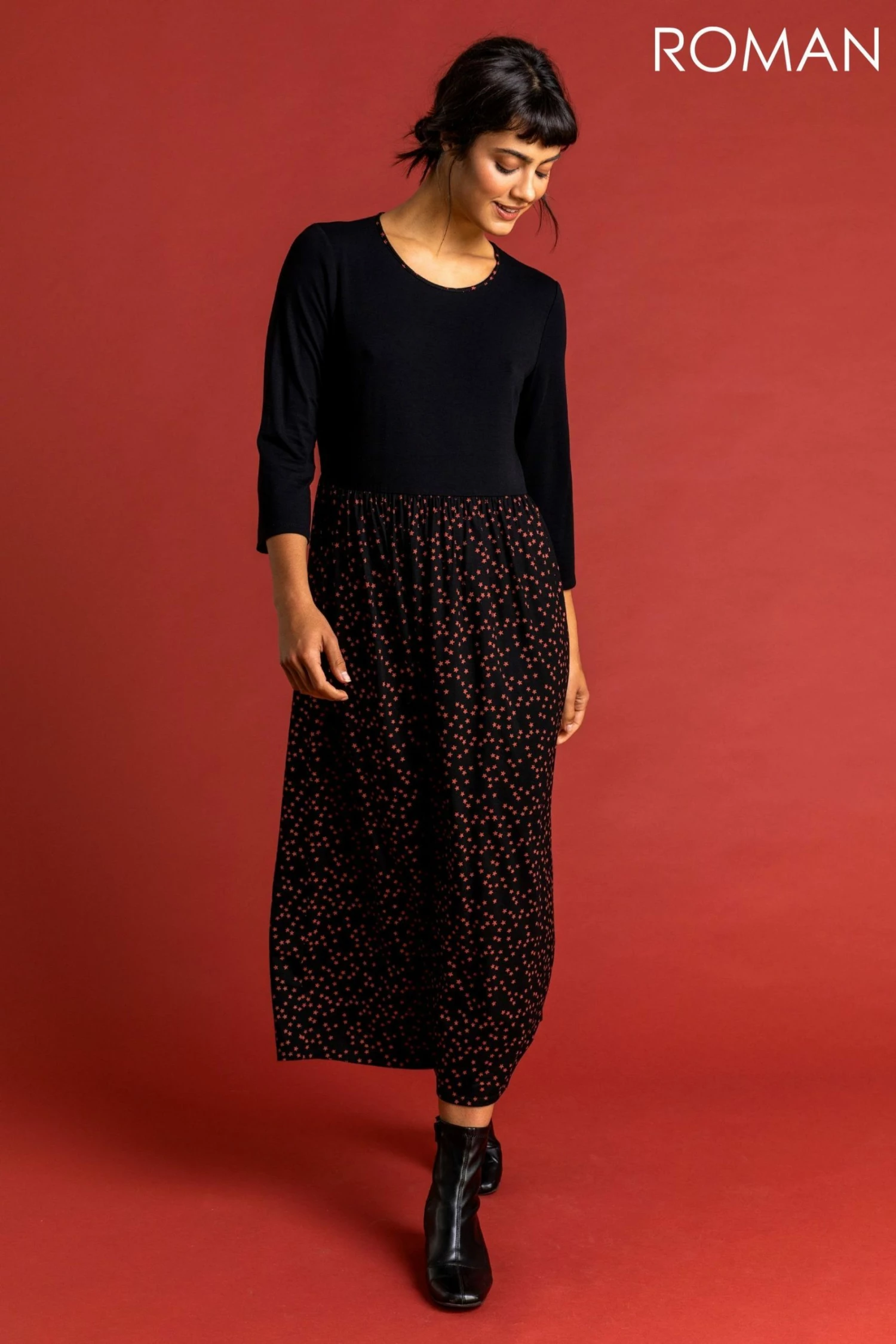 Roman Orange Star Print Contrast Midi Dress 3 Roman Orange Star Print Contrast Midi Dress