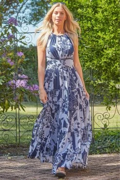 Roman Blue Patchwork Floral Print Halterneck Maxi Dress