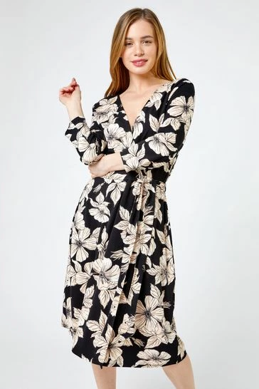 Roman Black Petite Floral Print Belted Wrap Dress 7 Roman Black Petite Floral Print Belted Wrap Dress - Image 5