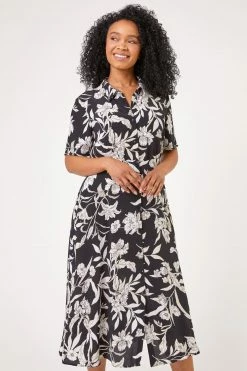 Roman Black Petite Floral Print Relaxed Shirt Dress