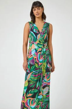 Roman Green Multi Tropical Print Belted Wrap Dress