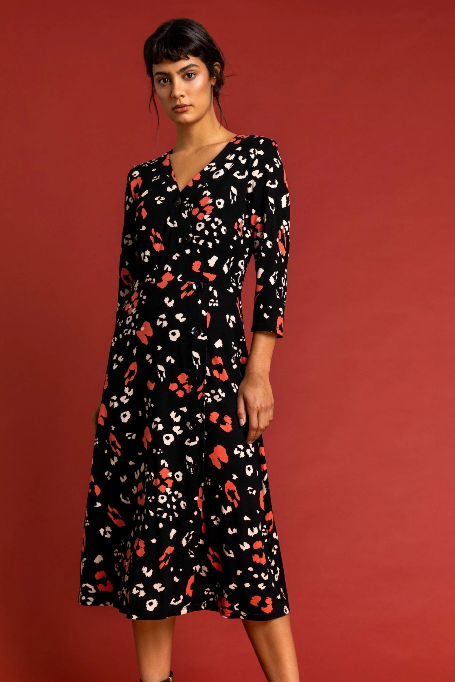 Roman Orange Button Detail Animal Print Tea Dress 3 Roman Orange Button Detail Animal Print Tea Dress