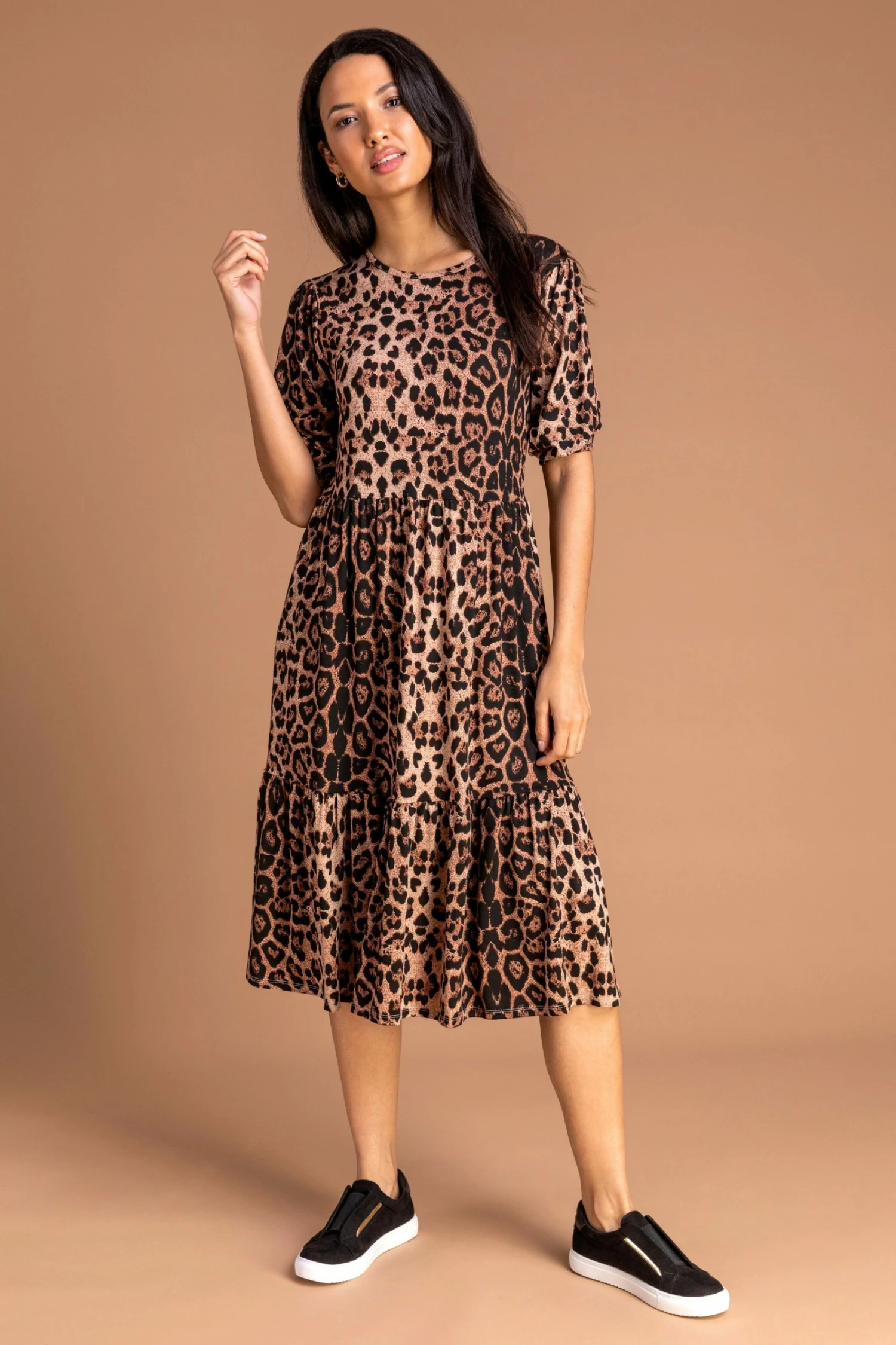 Roman Brown Animal Print Tiered Dress 3 Roman Brown Animal Print Tiered Dress