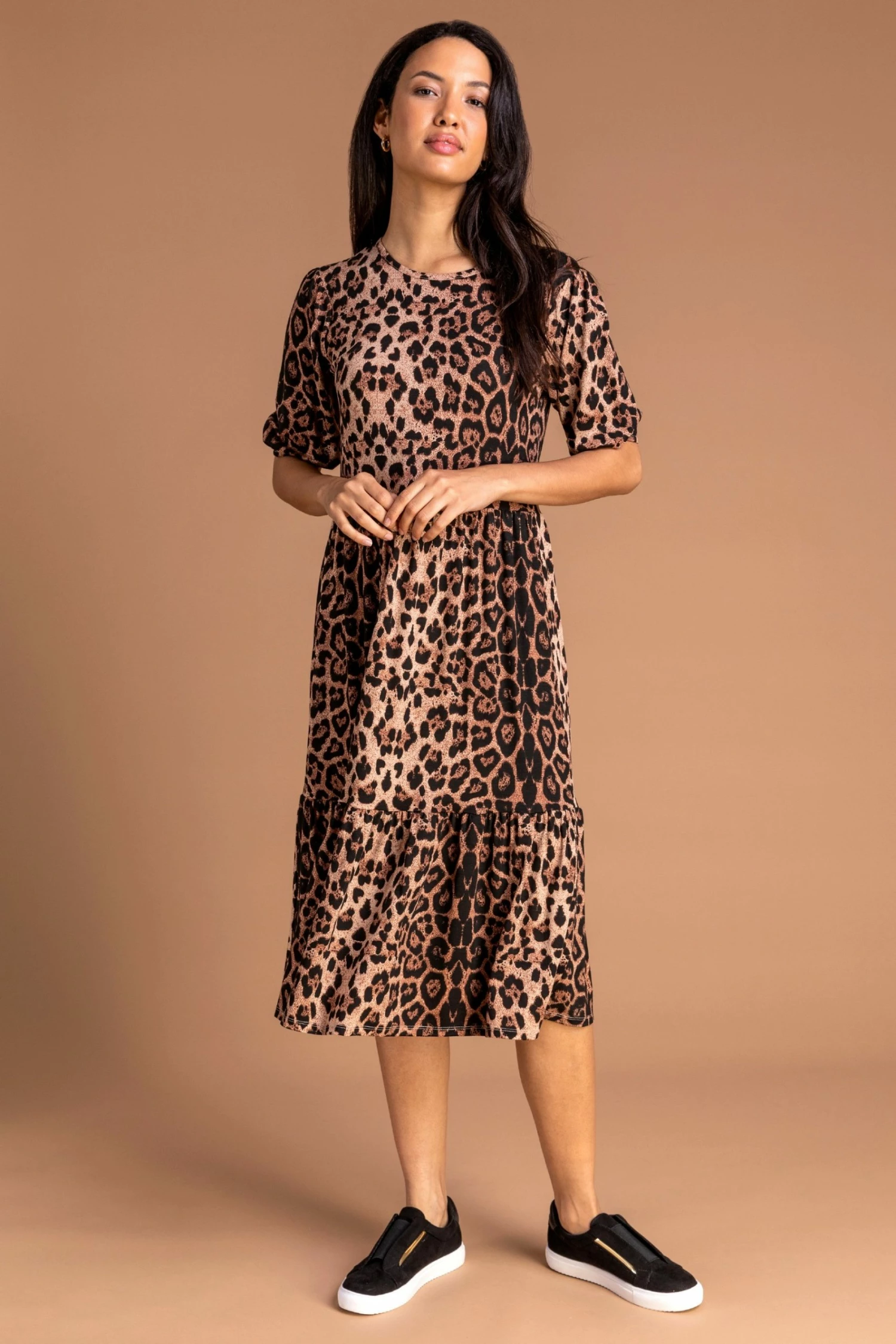 Roman Brown Animal Print Tiered Dress 5 Roman Brown Animal Print Tiered Dress - Image 3