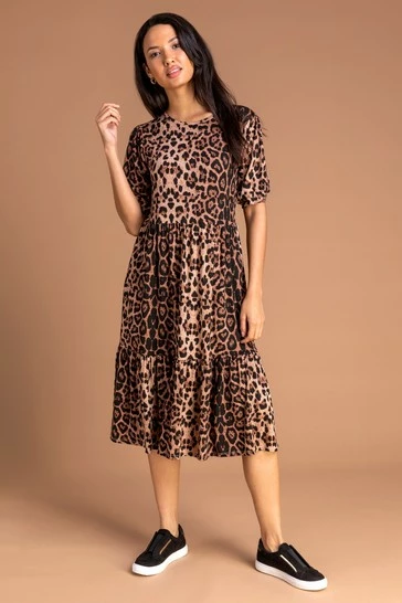 Roman Brown Animal Print Tiered Dress 7 Roman Brown Animal Print Tiered Dress - Image 5