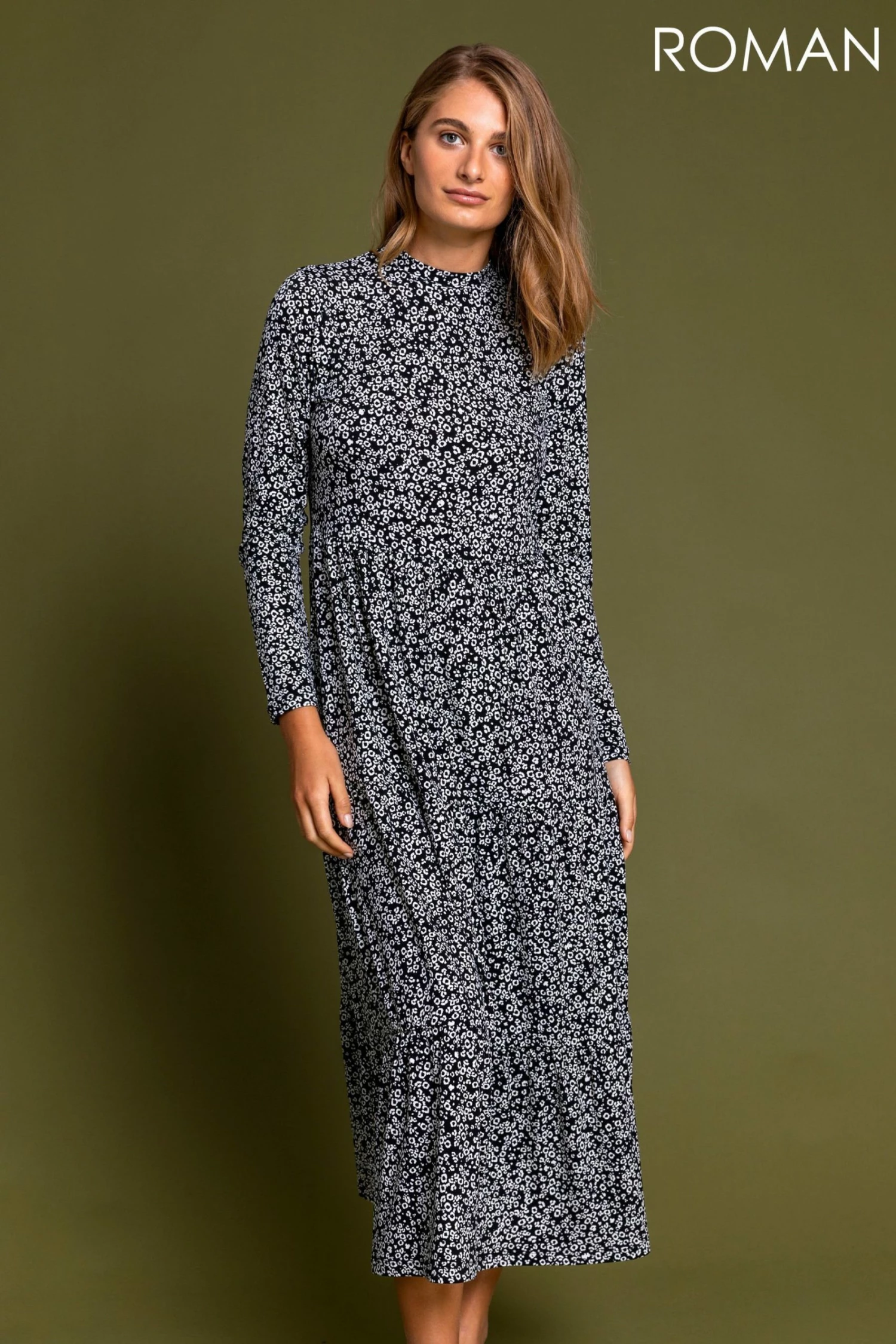 Roman Black Animal Ditsy Print Tiered Dress 3 Roman Black Animal Ditsy Print Tiered Dress