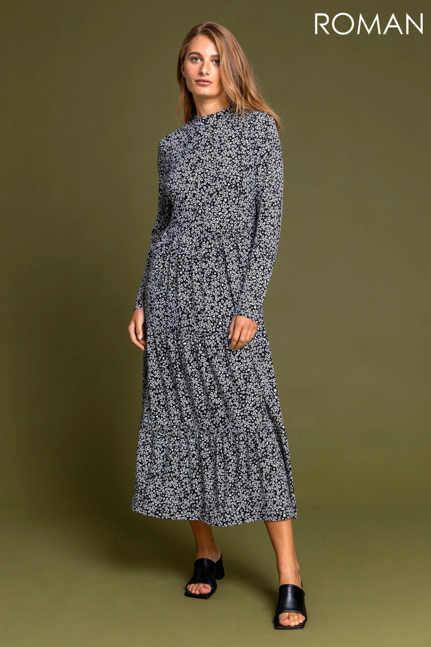 Roman Black Animal Ditsy Print Tiered Dress 4 Roman Black Animal Ditsy Print Tiered Dress - Image 2