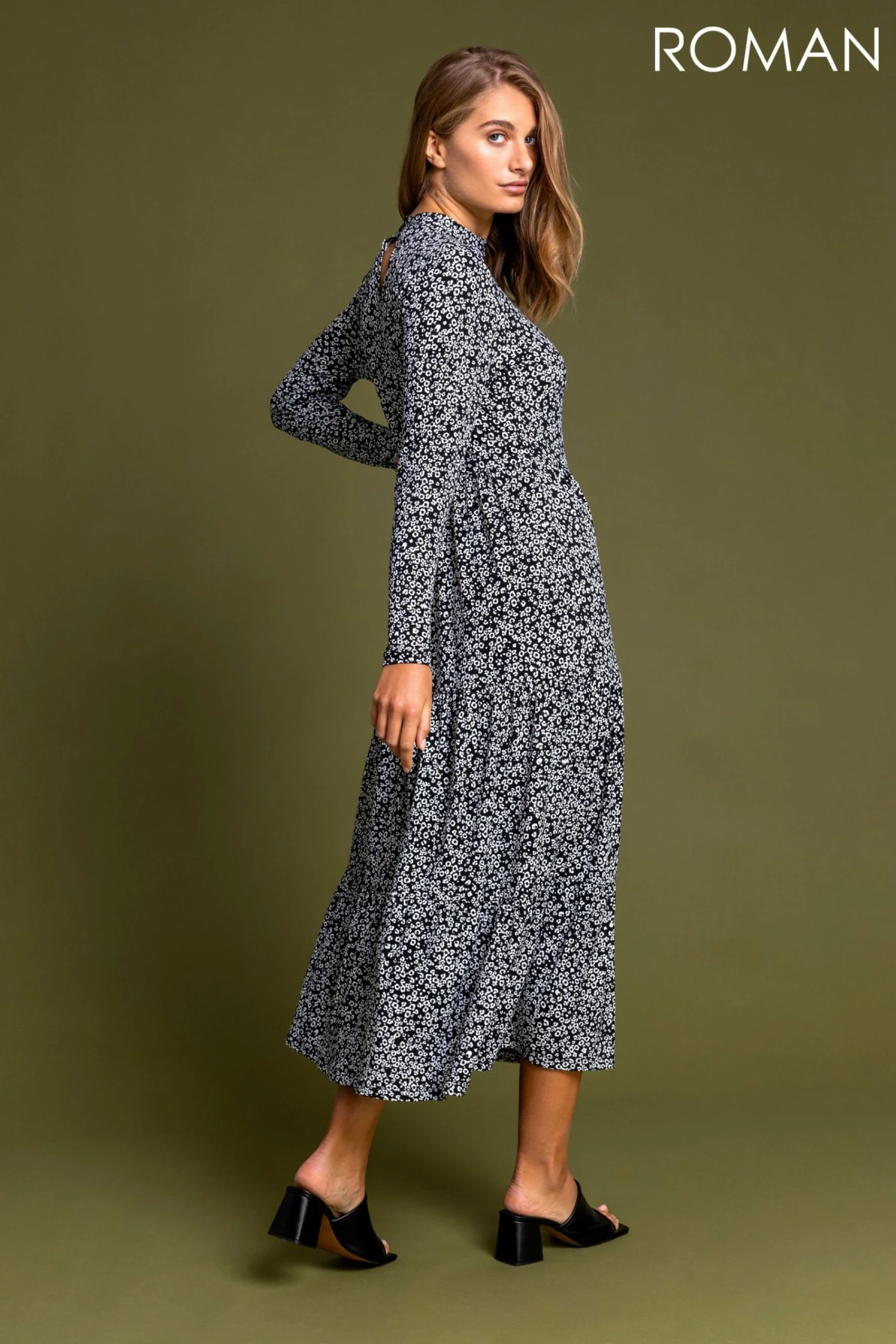 Roman Black Animal Ditsy Print Tiered Dress 5 Roman Black Animal Ditsy Print Tiered Dress - Image 3