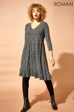Roman Black Floral Print Smock Dress