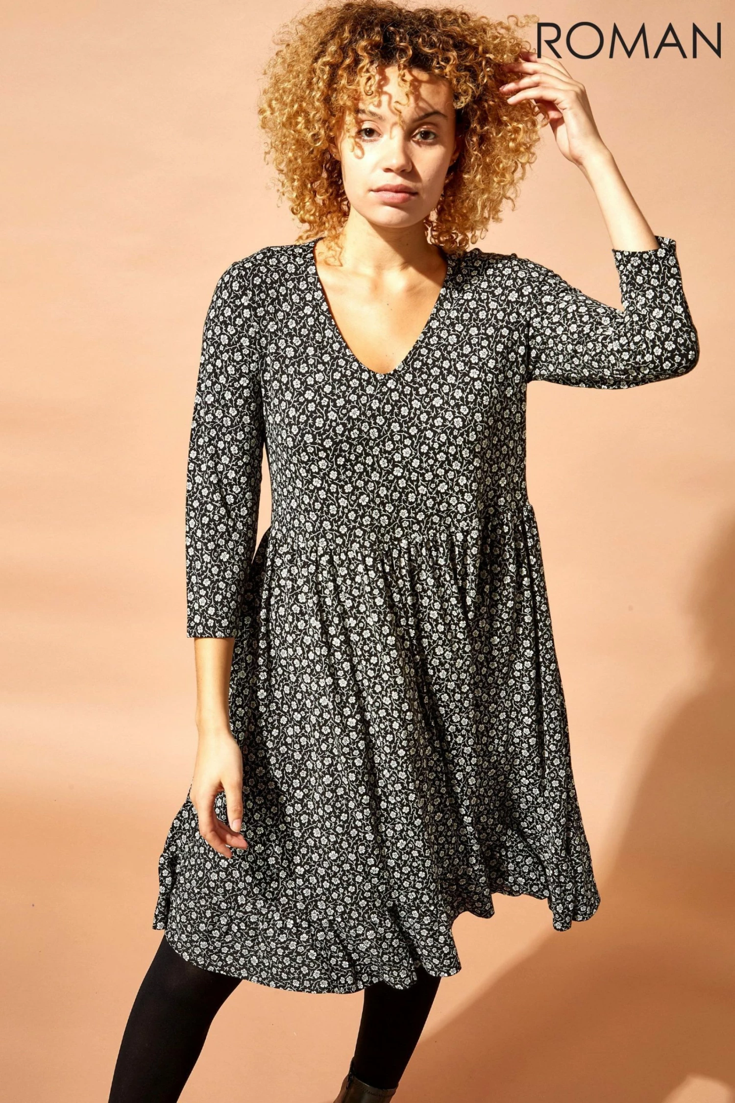 Roman Black Floral Print Smock Dress 5 Roman Black Floral Print Smock Dress - Image 3