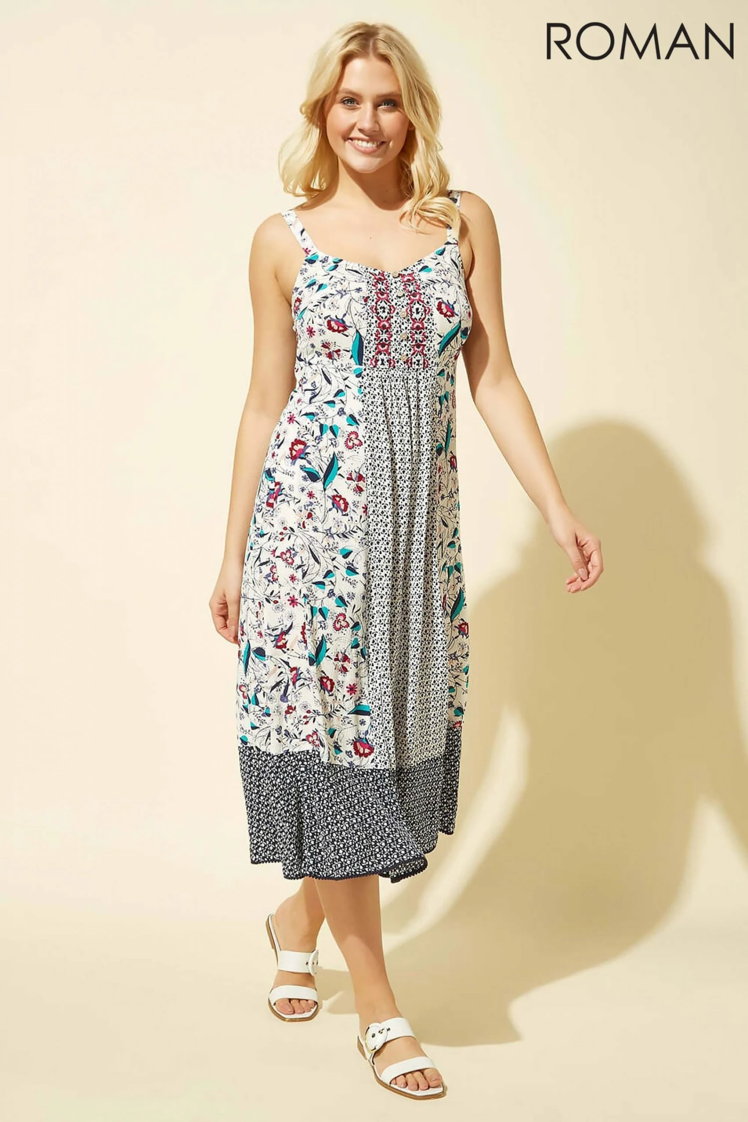 Roman White Geo Floral Print Strappy Sun Dress 3 Roman White Geo Floral Print Strappy Sun Dress