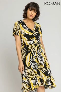 Roman Black Tropical Leaf Frill Hem Midi Dress