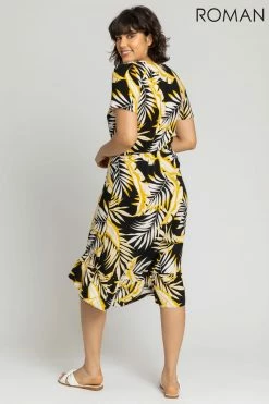 Roman Black Tropical Leaf Frill Hem Midi Dress -Roman Sales Shop unnamed file 3926