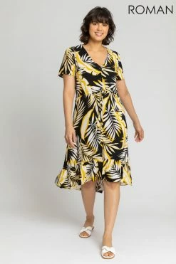 Roman Black Tropical Leaf Frill Hem Midi Dress -Roman Sales Shop unnamed file 3927