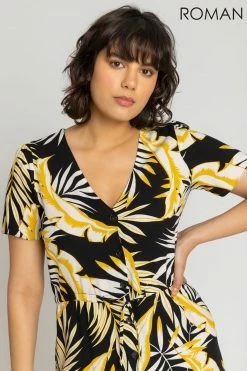 Roman Black Tropical Leaf Frill Hem Midi Dress -Roman Sales Shop unnamed file 3928