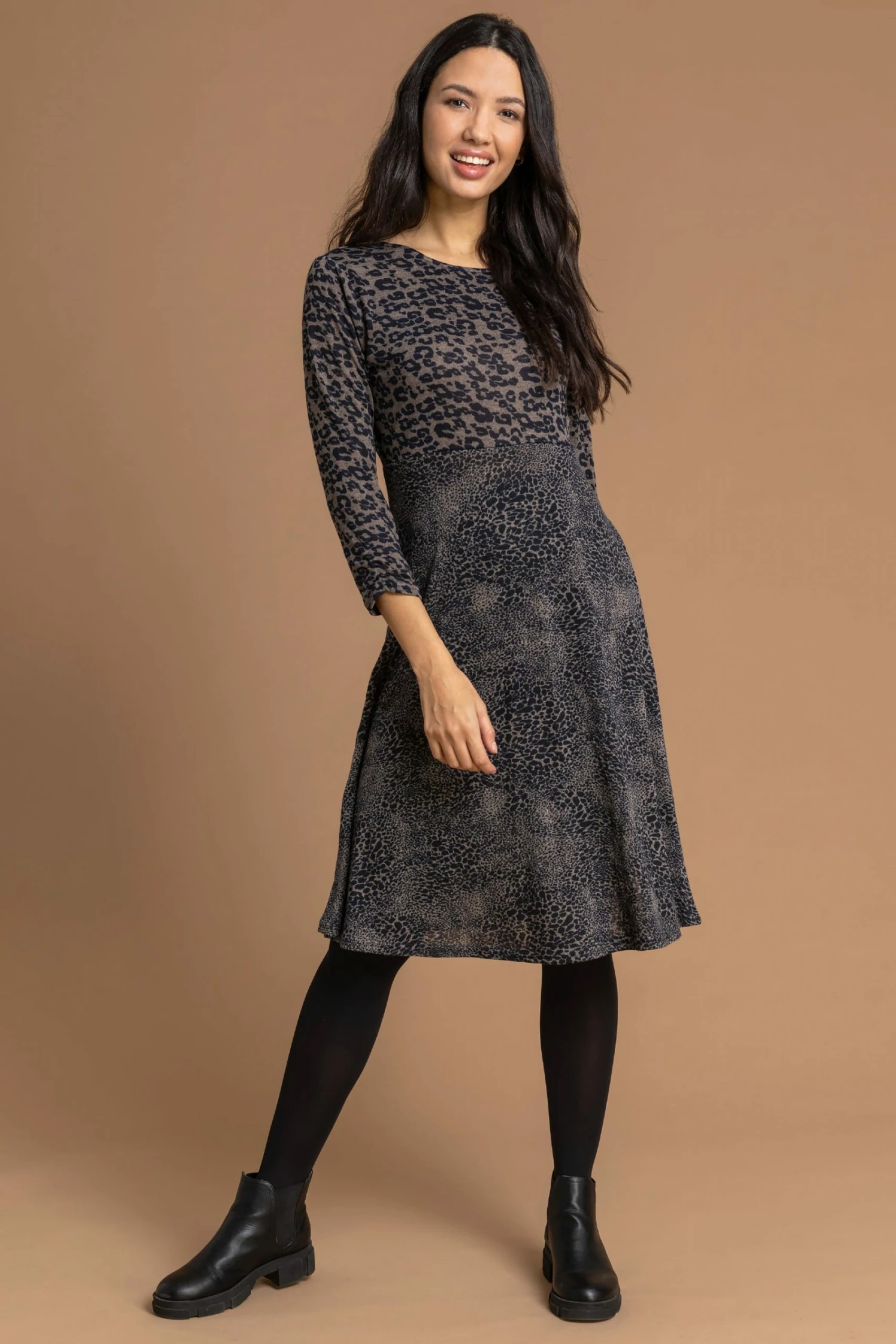Roman Brown Contrast Animal Fit & Flare Dress 5 Roman Brown Contrast Animal Fit & Flare Dress - Image 3