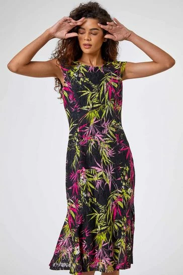 Roman Black Tropical Print Fluted Lace Dress 7 Roman Black Tropical Print Fluted Lace Dress - Image 5