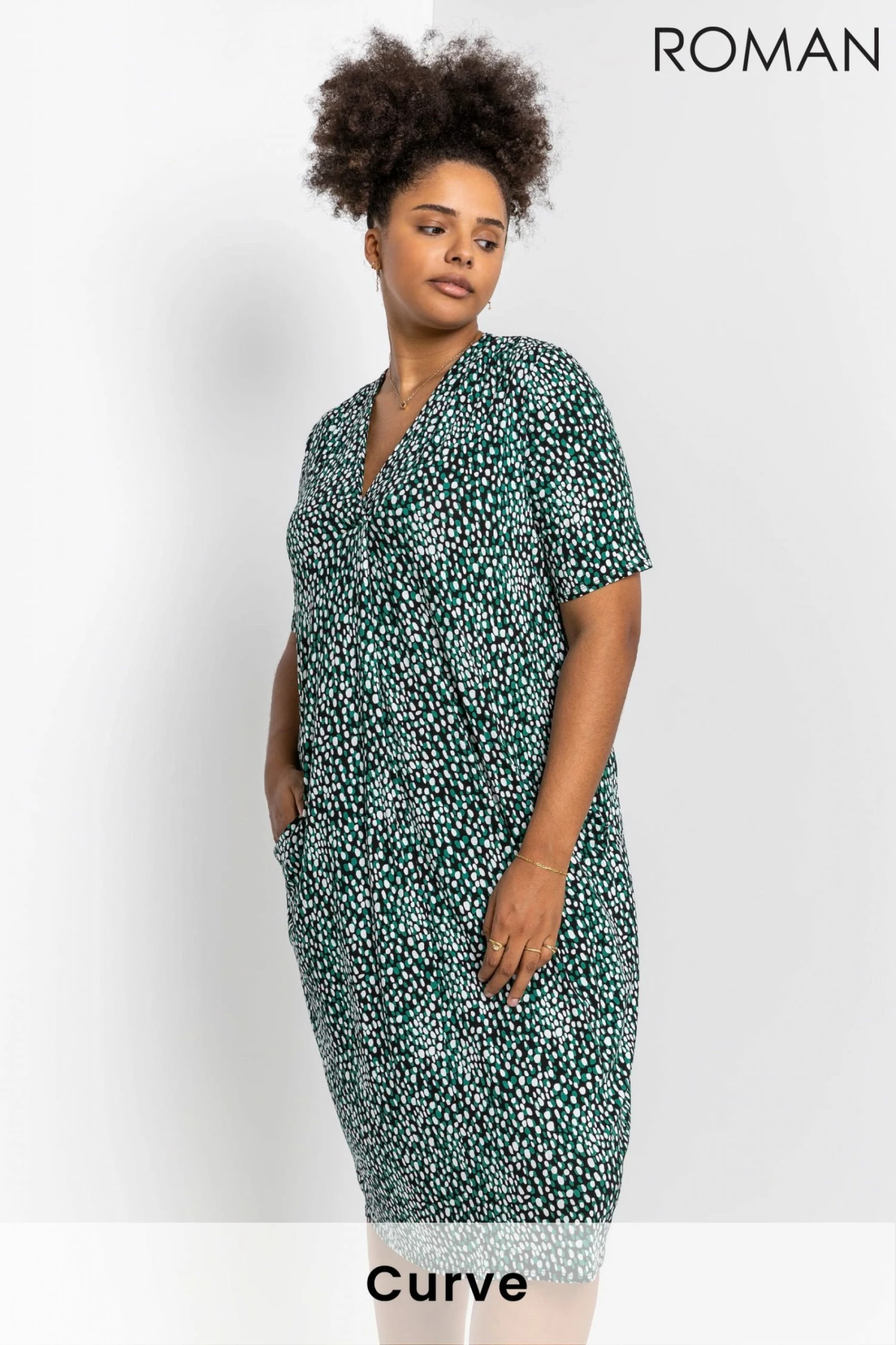 Roman Green Curve Abstract Spot Print Pocket Dress 3 Roman Green Curve Abstract Spot Print Pocket Dress