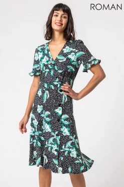 Roman Black Floral Side Button Tea Dress