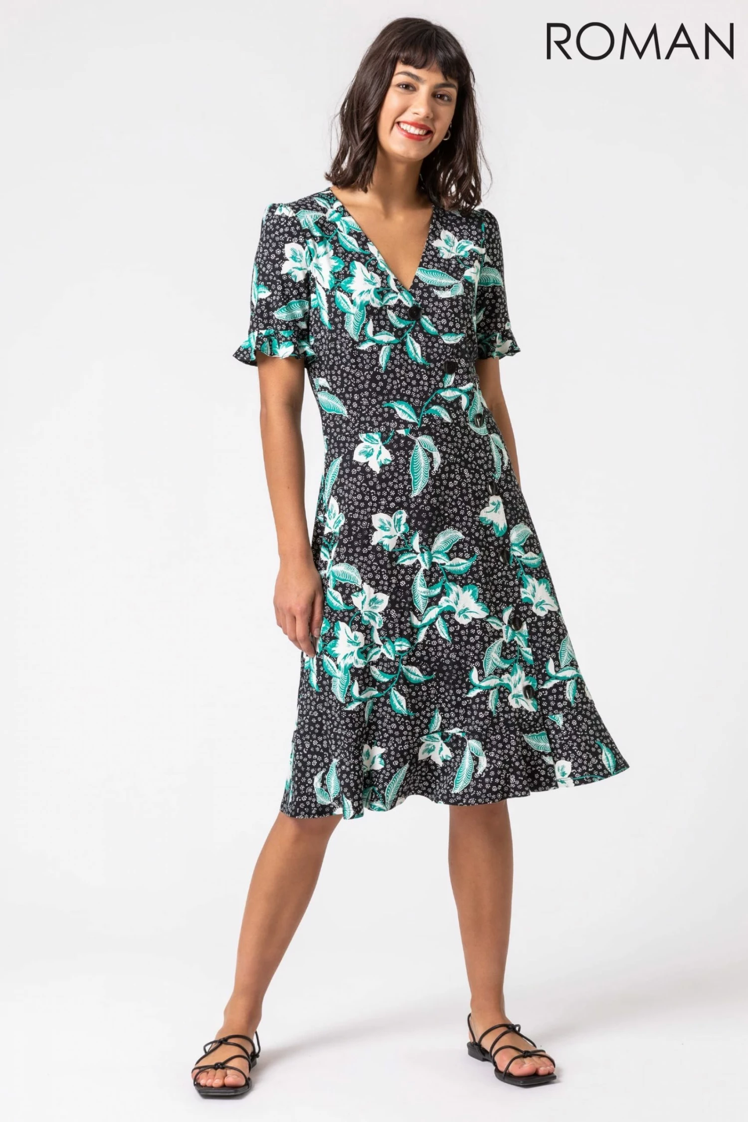 Roman Black Floral Side Button Tea Dress 5 Roman Black Floral Side Button Tea Dress - Image 3