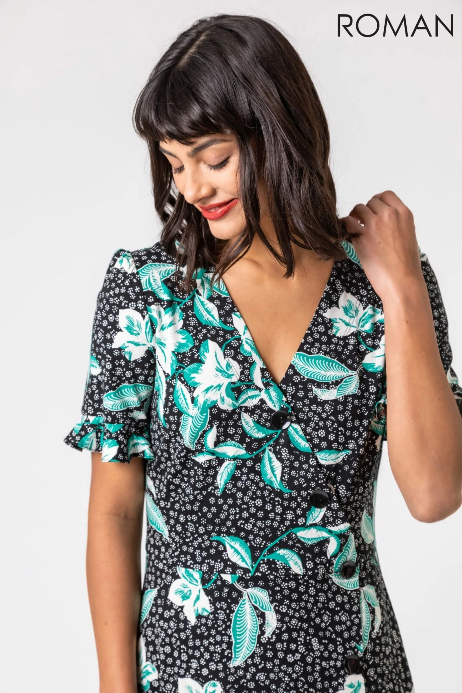 Roman Black Floral Side Button Tea Dress 6 Roman Black Floral Side Button Tea Dress - Image 4