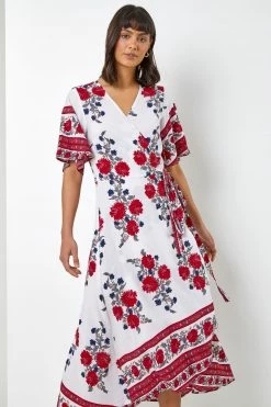 Roman White & Red Floral Border Print Wrap Dress