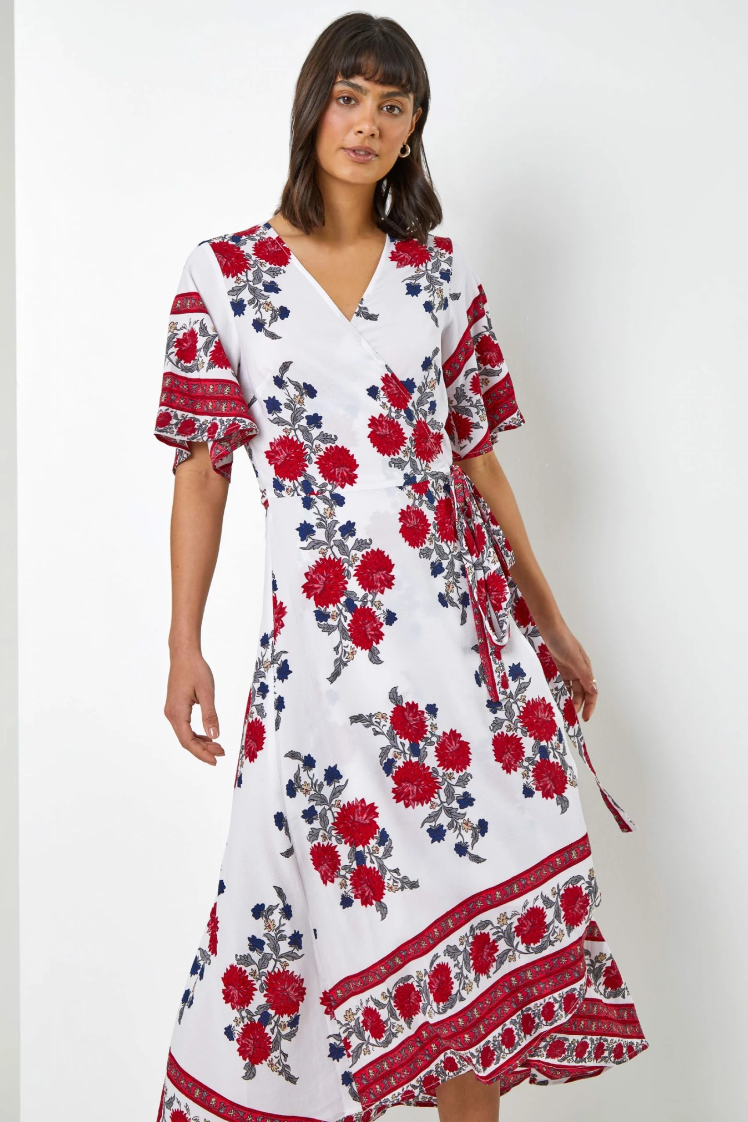 Roman White & Red Floral Border Print Wrap Dress 3 Roman White & Red Floral Border Print Wrap Dress