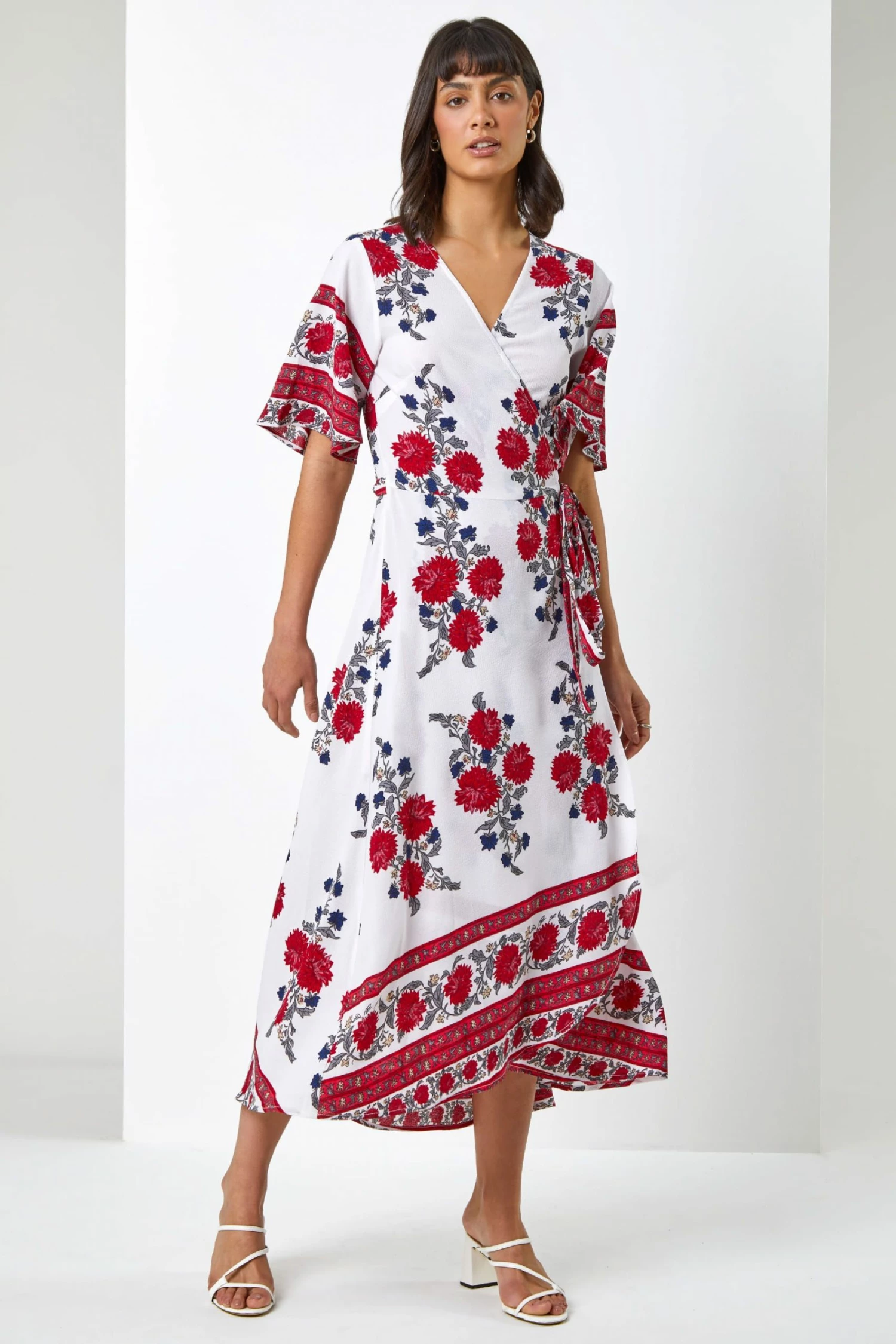 Roman White & Red Floral Border Print Wrap Dress 5 Roman White & Red Floral Border Print Wrap Dress - Image 3