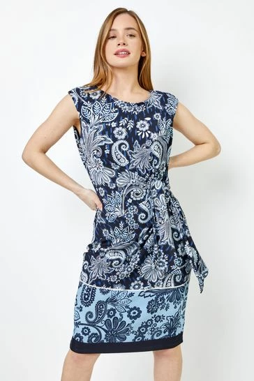 Roman Blue Petite Paisley Print Tie Waist Dress 7 Roman Blue Petite Paisley Print Tie Waist Dress - Image 5