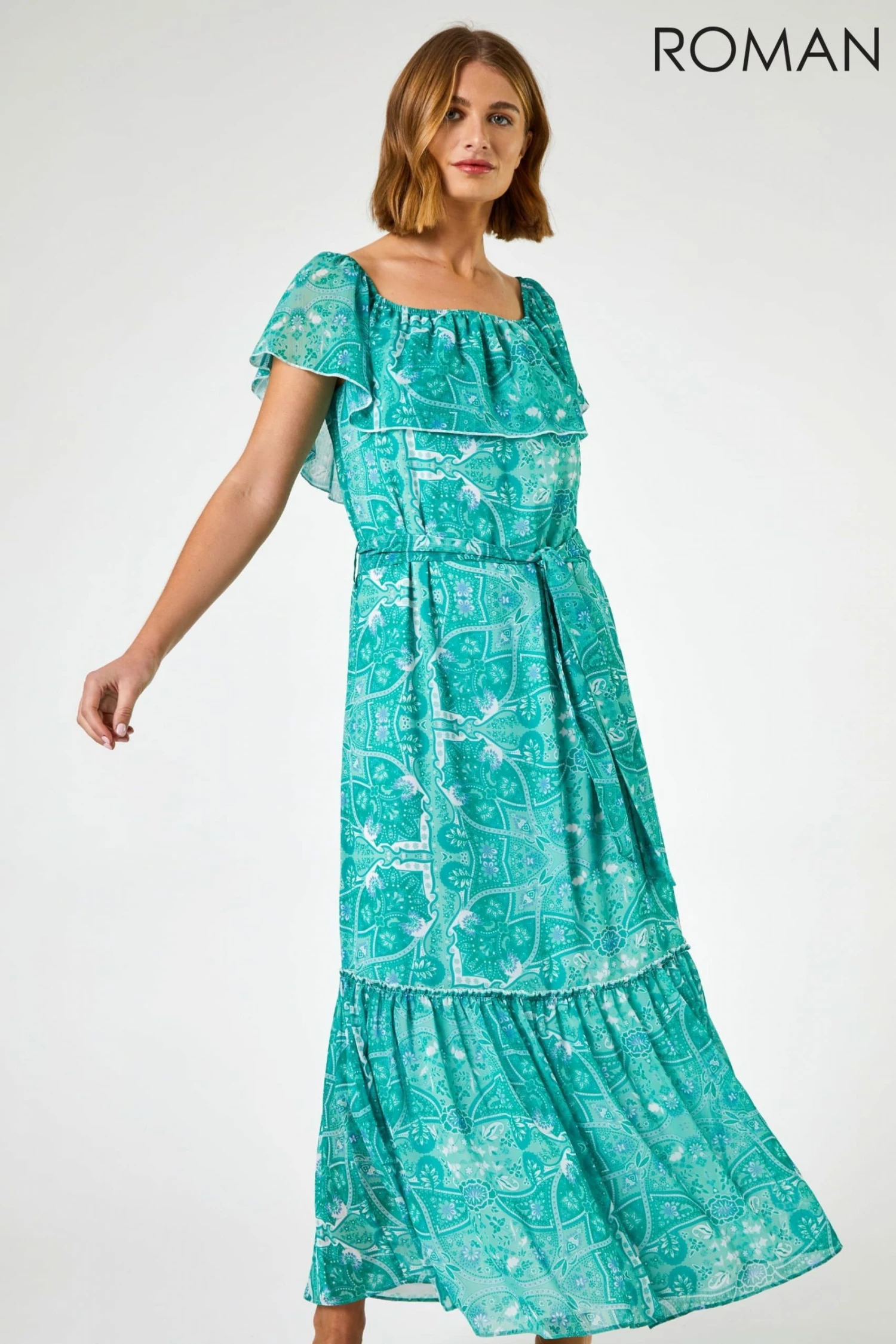 Roman Green Paisley Print Tiered Maxi Dress 3 Roman Green Paisley Print Tiered Maxi Dress