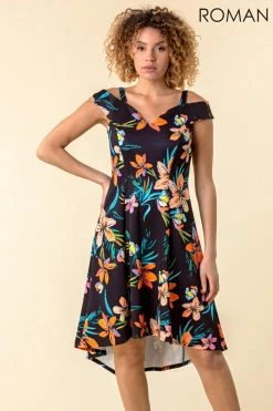 Roman Black Cold Shoulder Floral Print Dress