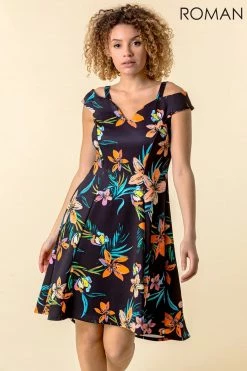 Roman Black Cold Shoulder Floral Print Dress -Roman Sales Shop unnamed file 4011