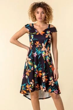 Roman Black Cold Shoulder Floral Print Dress -Roman Sales Shop unnamed file 4013