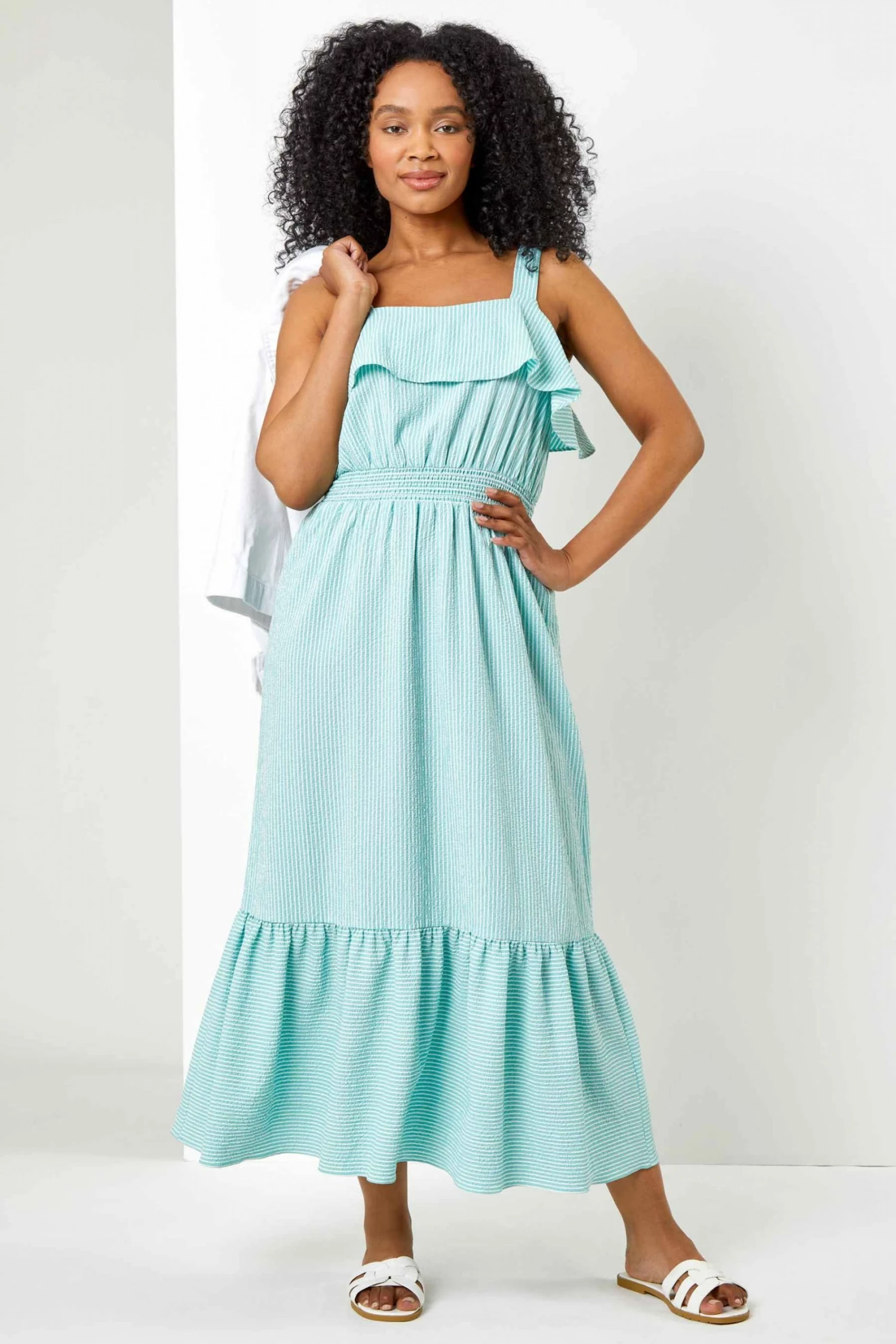 Roman Green Petite Stripe Print Tiered Shirred Dress 4 Roman Green Petite Stripe Print Tiered Shirred Dress - Image 2