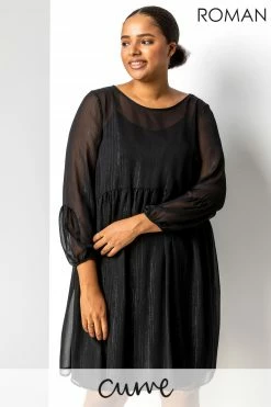 Roman Black Curve Chiffon Stripe Smock Dress