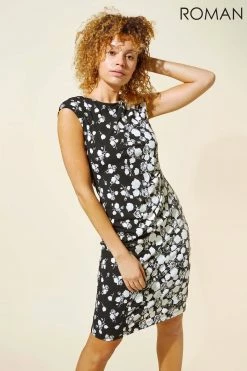 Roman Black Side Floral Border Print Dress