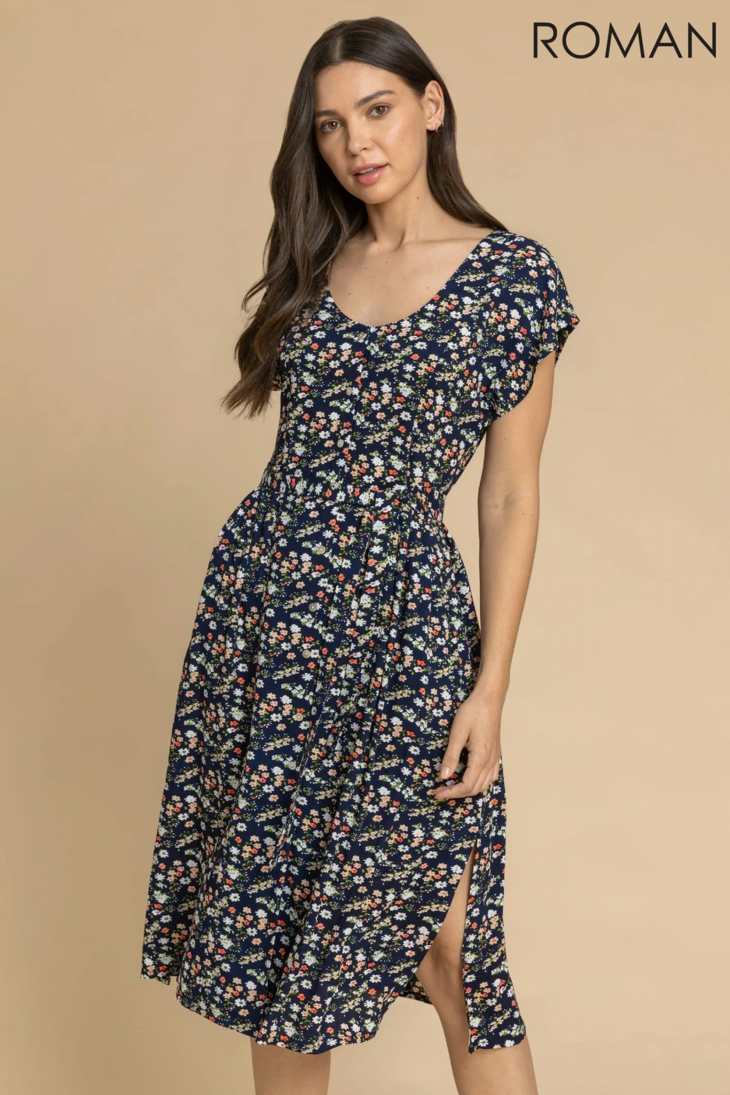 Roman Blue Floral Print Button Belted Midi Dress 3 Roman Blue Floral Print Button Belted Midi Dress