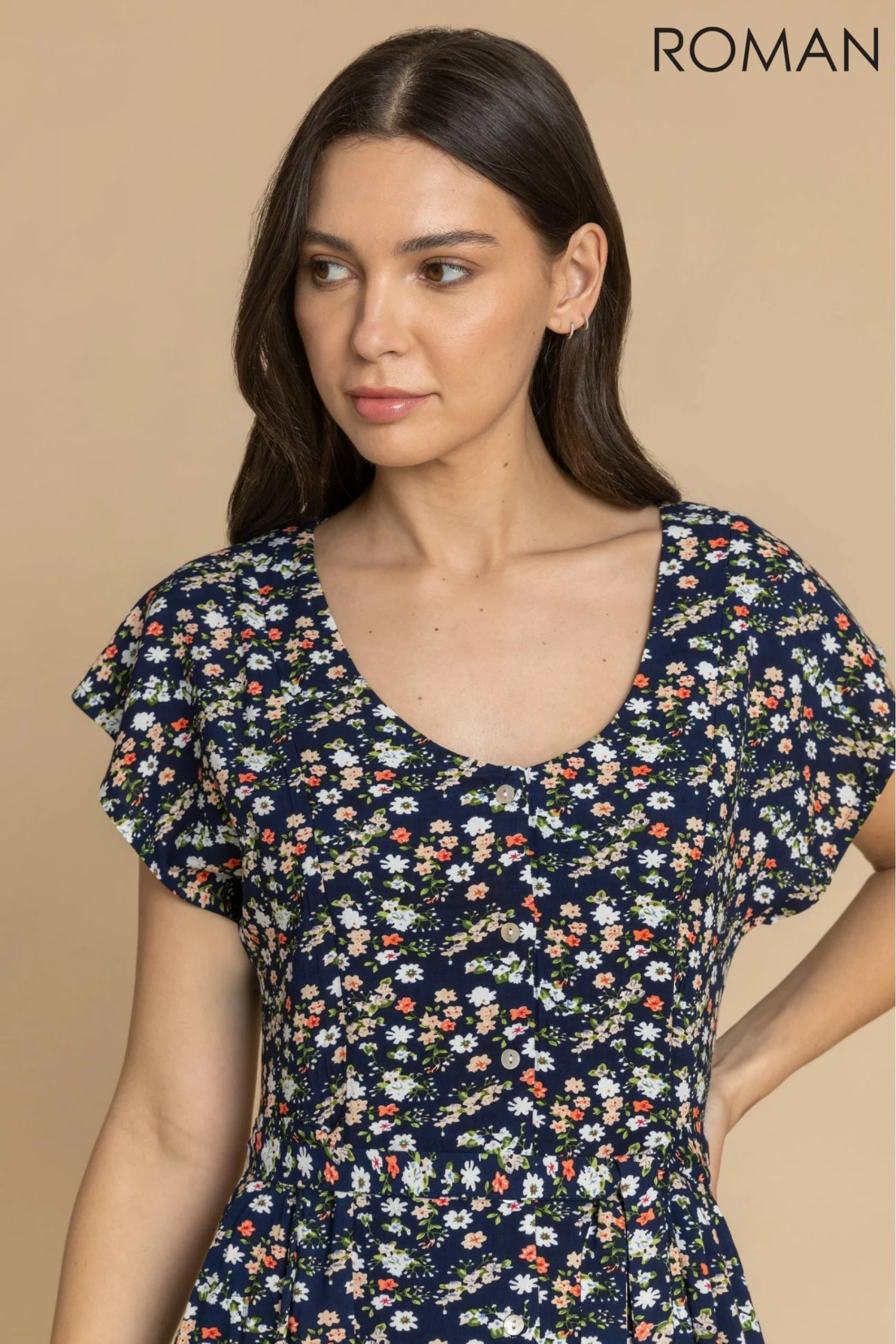 Roman Blue Floral Print Button Belted Midi Dress 5 Roman Blue Floral Print Button Belted Midi Dress - Image 3