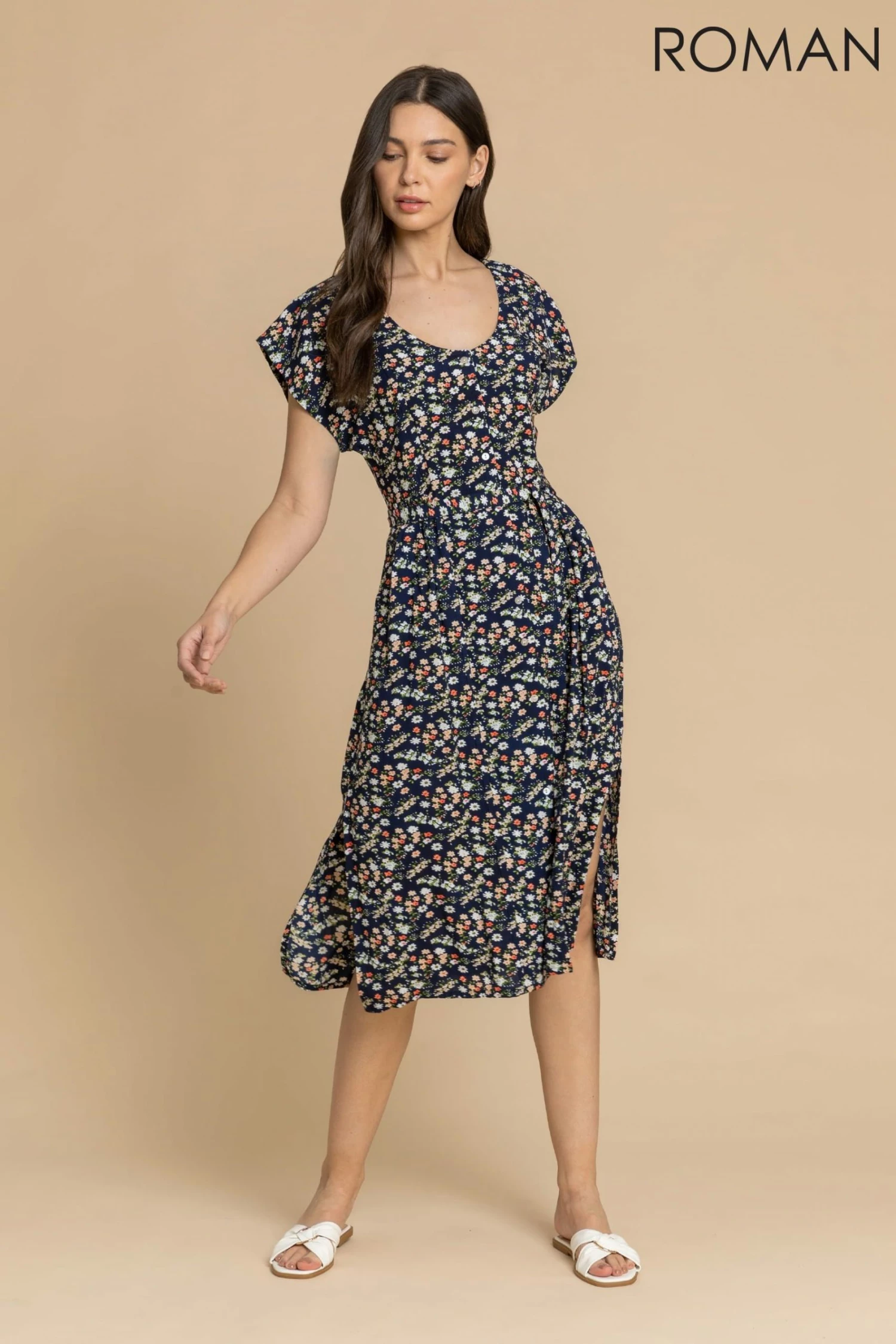 Roman Blue Floral Print Button Belted Midi Dress 6 Roman Blue Floral Print Button Belted Midi Dress - Image 4