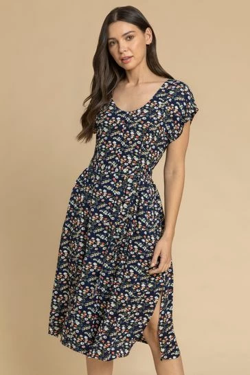 Roman Blue Floral Print Button Belted Midi Dress 7 Roman Blue Floral Print Button Belted Midi Dress - Image 5
