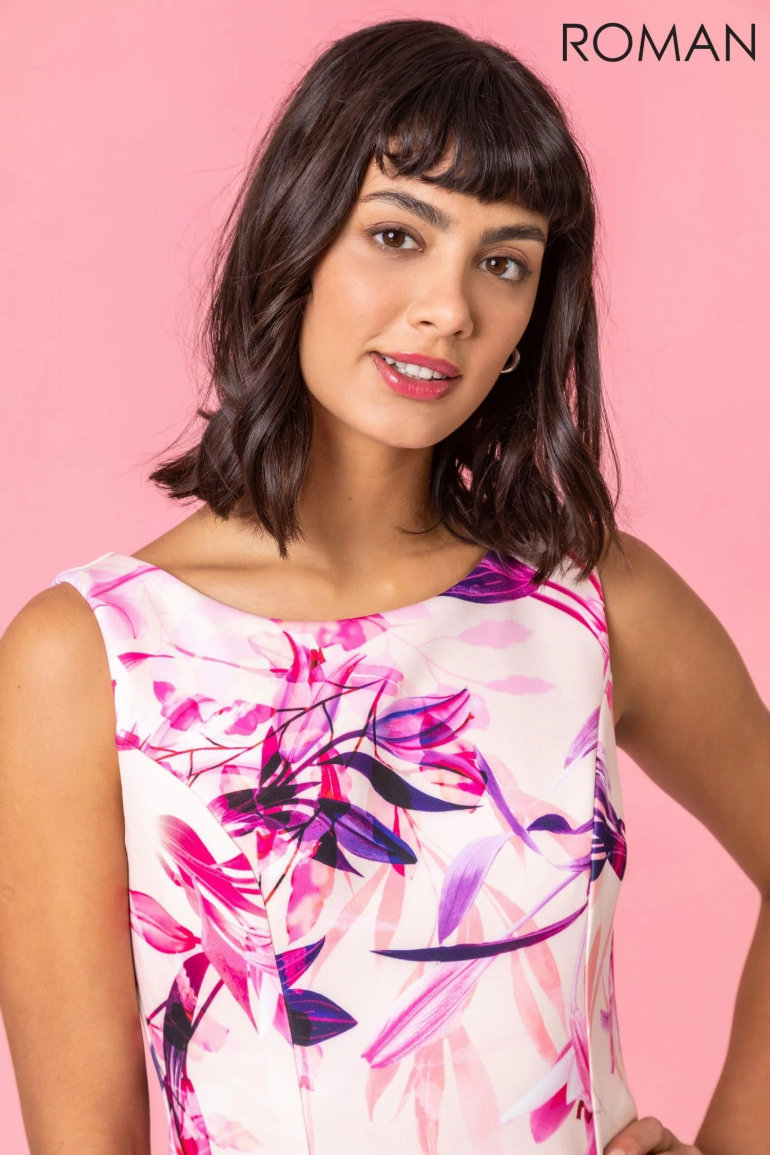 Roman Pink Floral Print Frill Dipped Hem Dress 6 Roman Pink Floral Print Frill Dipped Hem Dress - Image 4