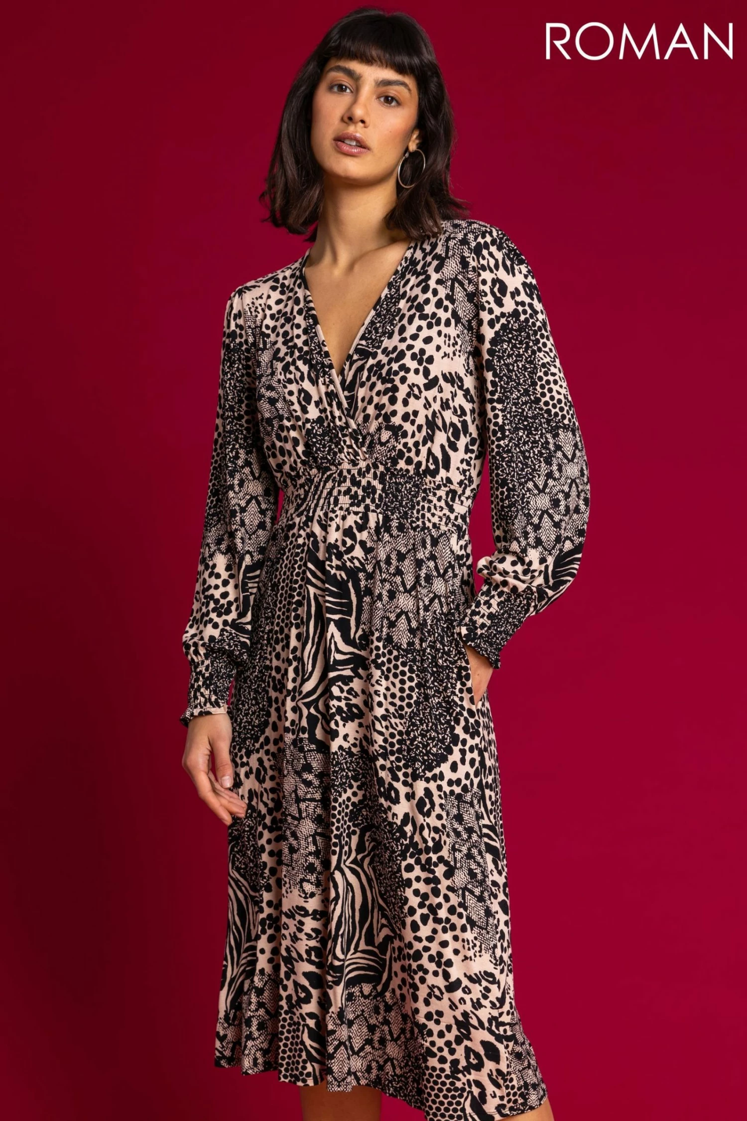 Roman Camel Animal Print Wrap Midi Dress 3 Roman Camel Animal Print Wrap Midi Dress